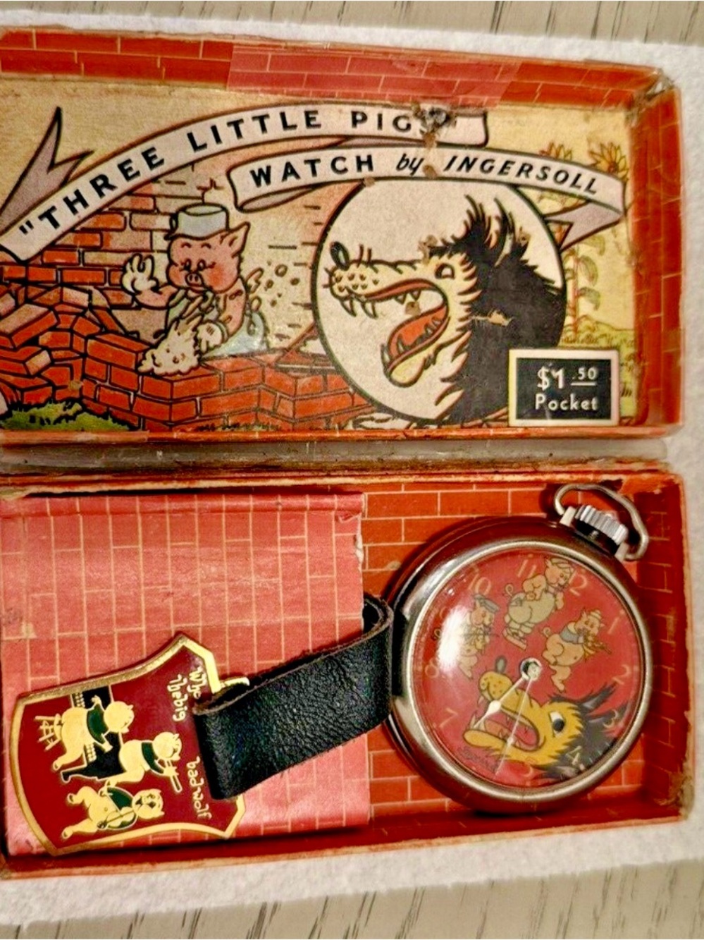 1930s Walt Disney Ingersoll Big Bad Wolf Pocket Watch in Box